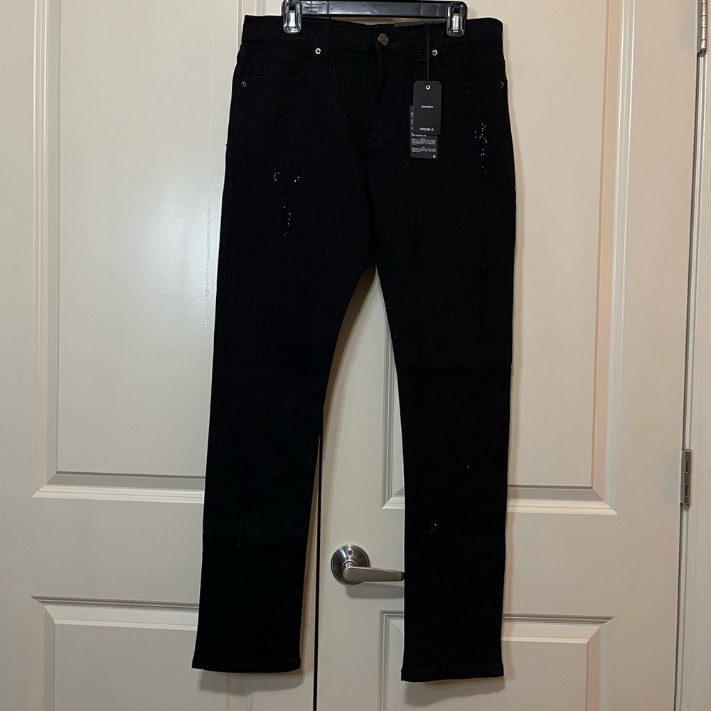 Forever 21 Rhinestones Skinny Jeans Mens Black